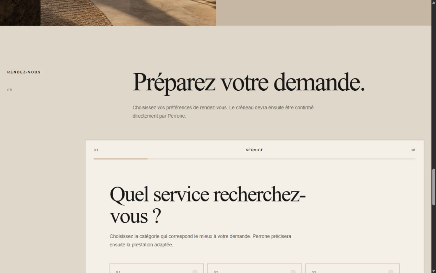 Perrone six-step appointment request interface beginning with service selection