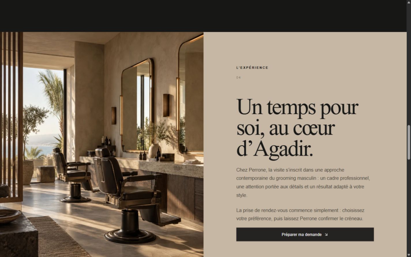 Perrone concept experience section pairing a bright barbershop interior with editorial copy