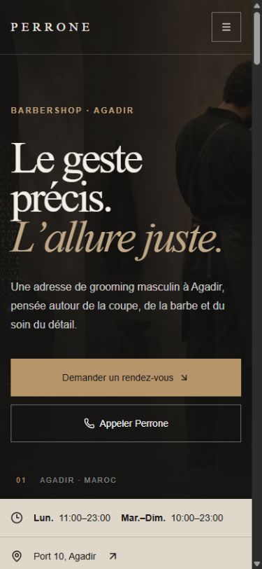 Perrone concept mobile homepage with editorial headline and appointment actions