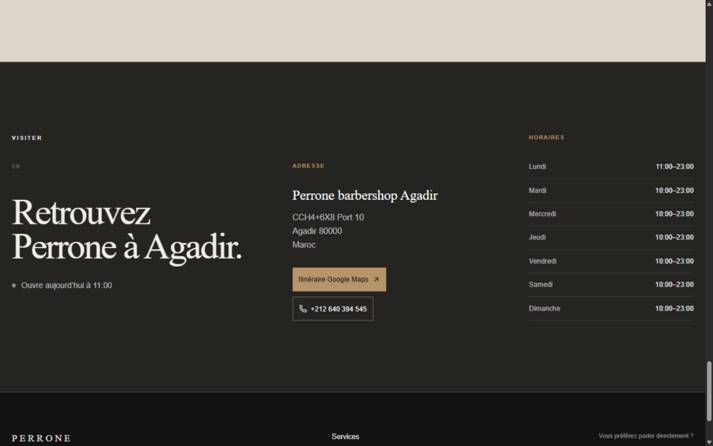 Perrone visit section with Agadir address, directions, phone number and opening hours