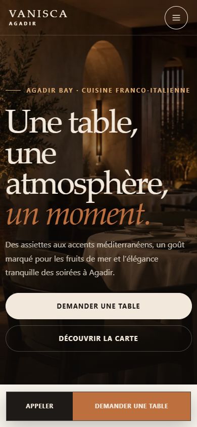 VANISCA concept mobile homepage with cinematic hero and touch-friendly actions