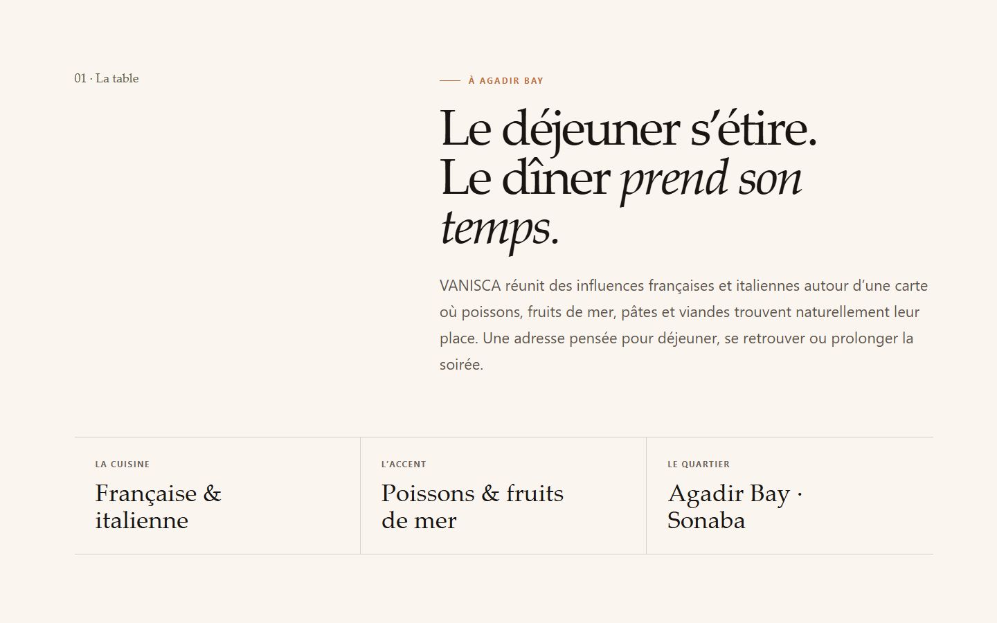 VANISCA concept positioning section describing its Franco-Italian cuisine and Agadir Bay setting