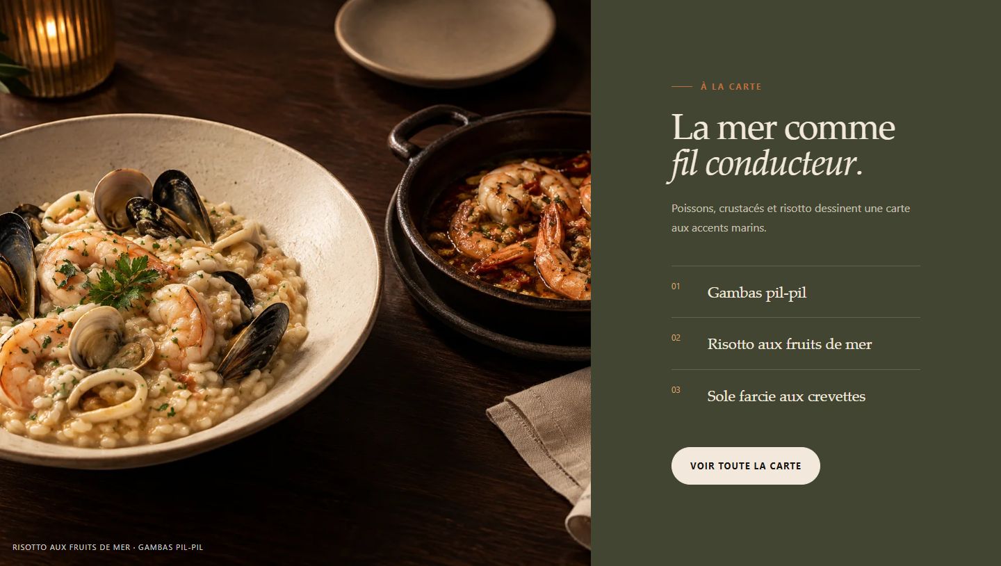 VANISCA concept seafood section featuring risotto, gambas and an olive-toned editorial layout