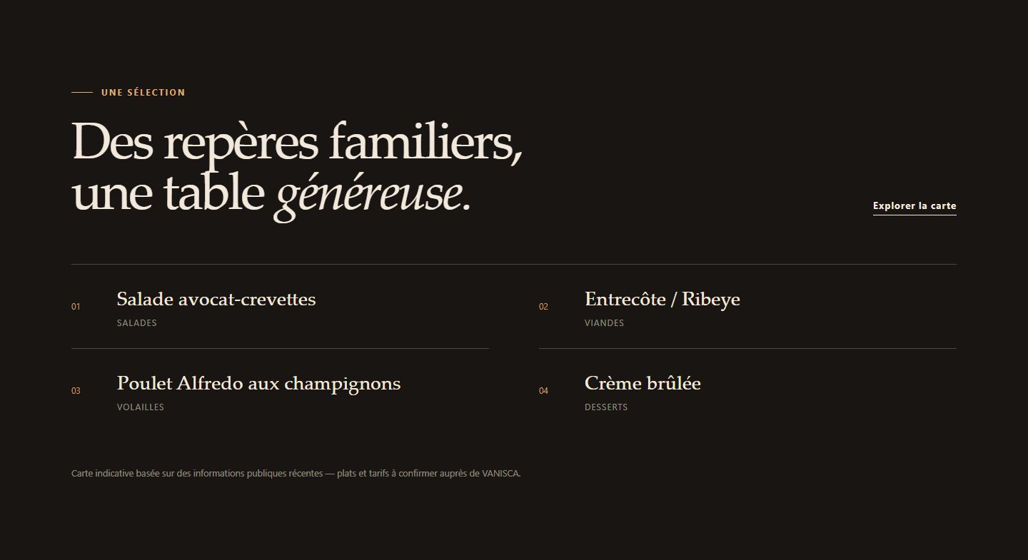 VANISCA concept selected dishes section with four publicly documented menu references