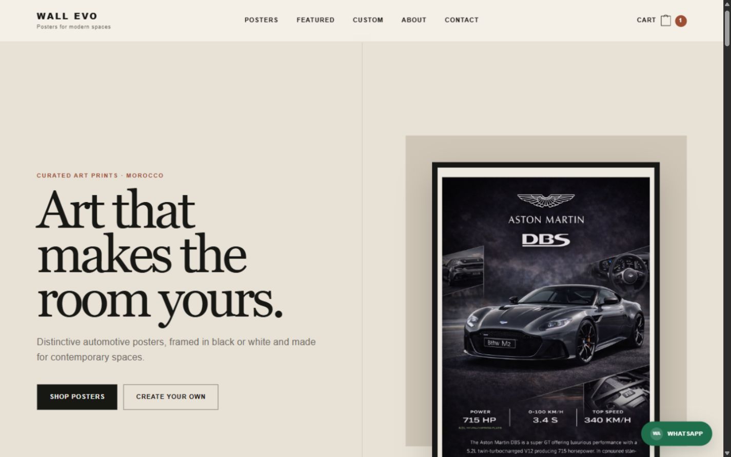 Wall Evo custom poster studio with upload, size, frame and quantity options