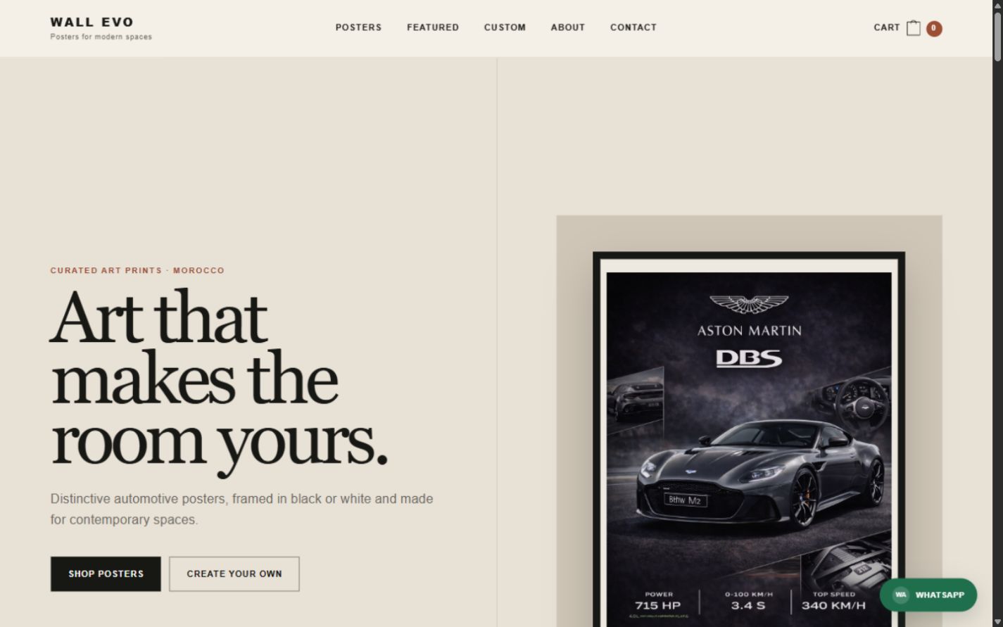 Wall Evo storefront homepage with an editorial headline and framed Aston Martin poster