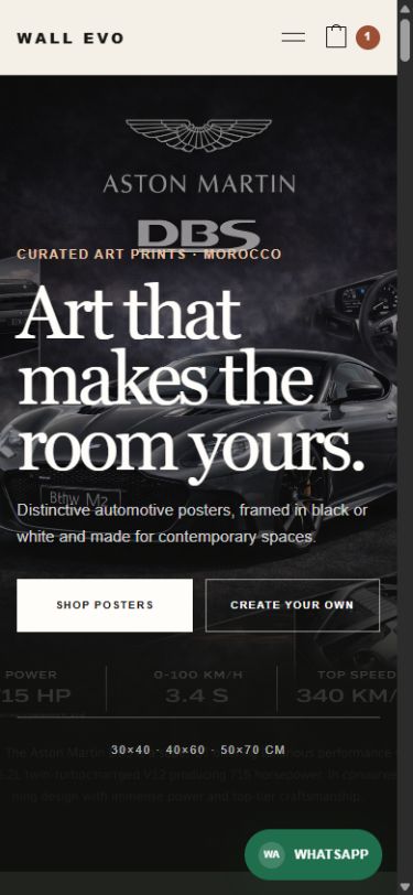 Wall Evo mobile homepage showing the responsive editorial hero and shopping actions