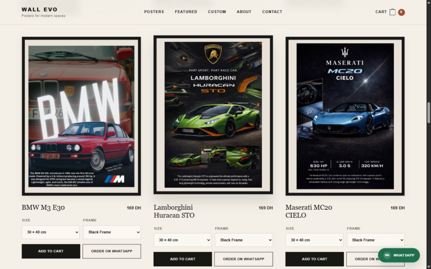 Wall Evo product cards with poster size, frame and ordering controls