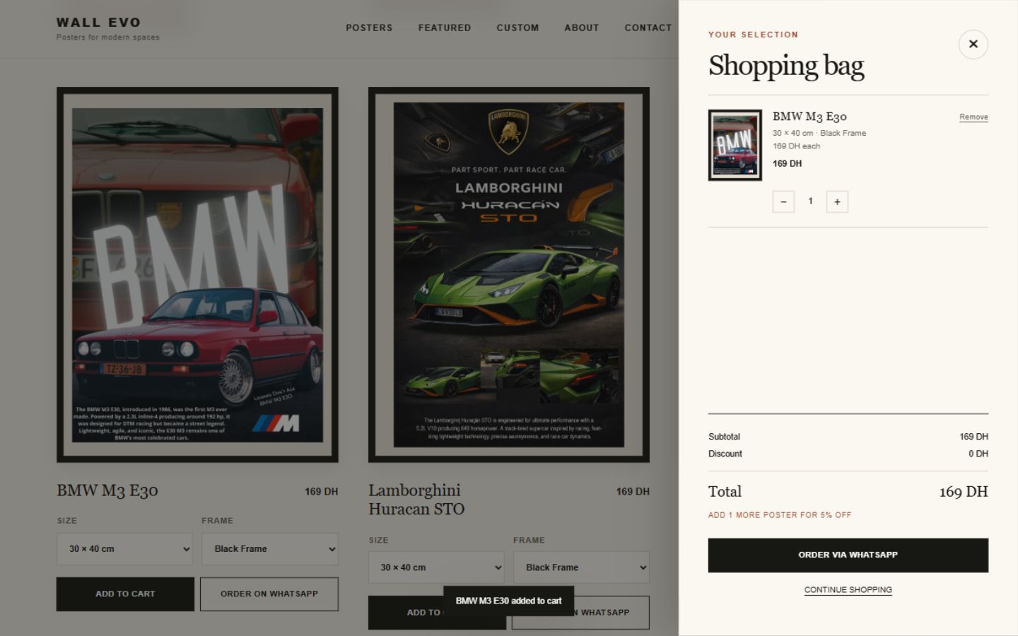 Wall Evo shopping cart with quantity controls, pricing and bundle discount guidance