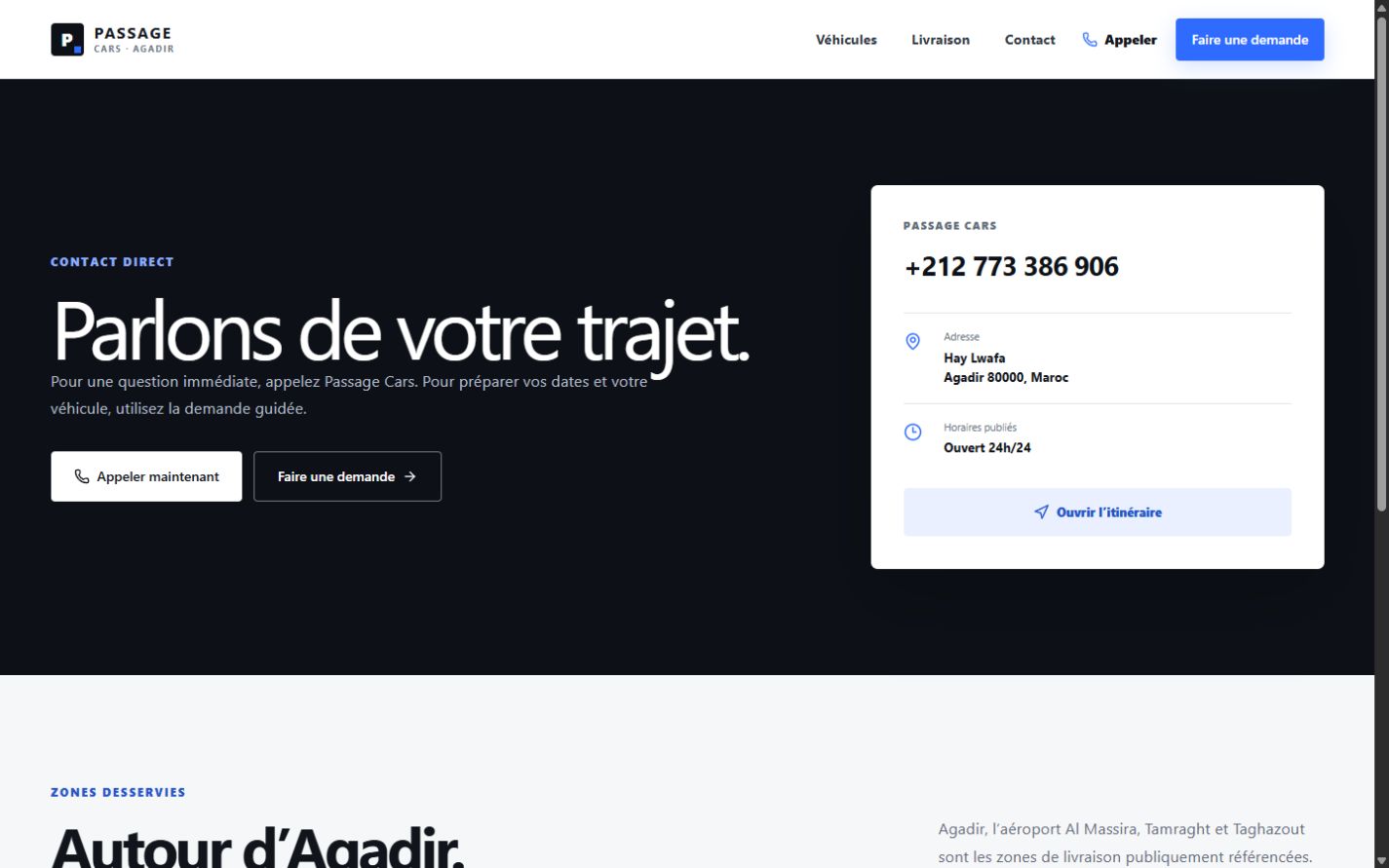 Passage Cars concept contact page with direct phone and location actions