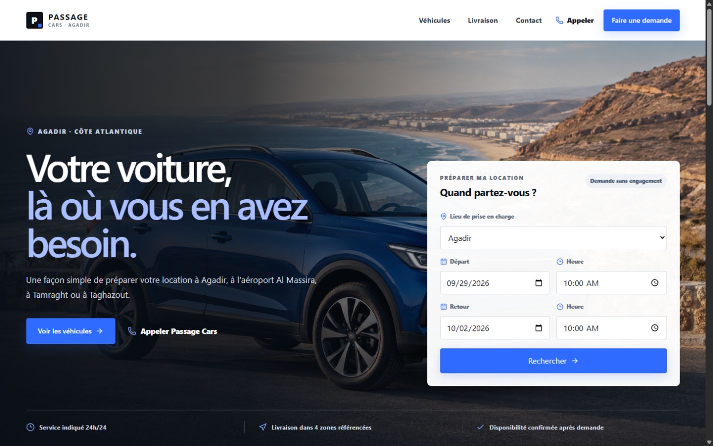 Passage Cars concept homepage with an Agadir coast hero, vehicle imagery and rental planning panel