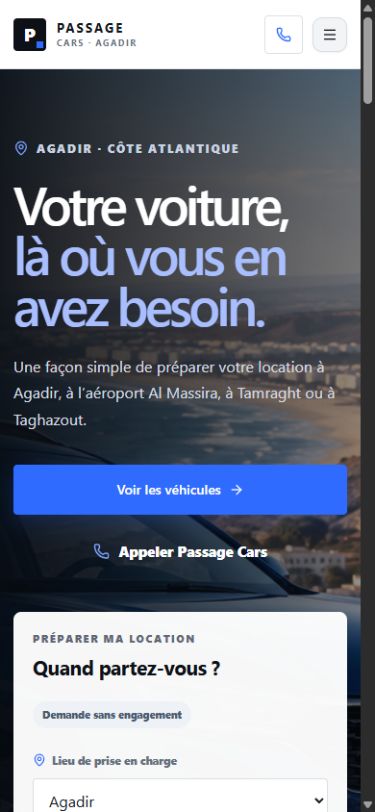 Passage Cars concept mobile homepage with responsive navigation and rental panel