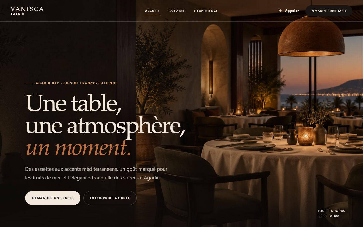 VANISCA concept homepage with a warm Mediterranean restaurant interior and editorial typography